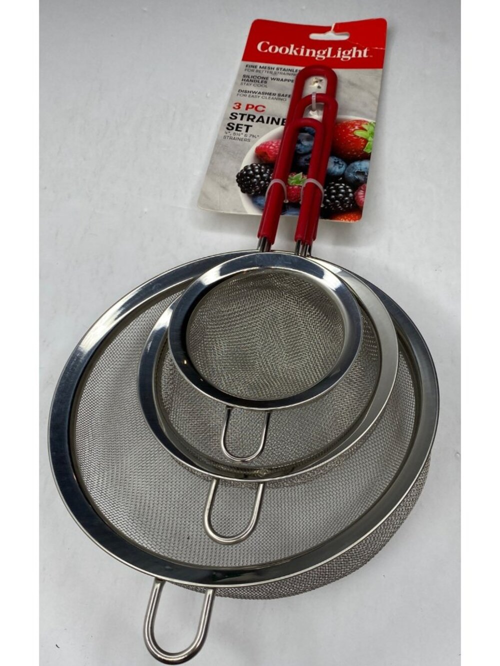 Cooking Light 3-Pc Fine Mesh Stainless Steel Strainer Set Red Silicone Handles